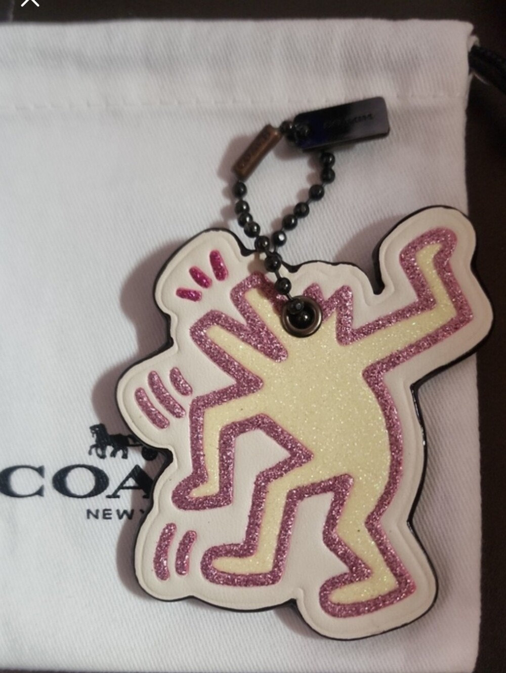 COACH X Keith Haring Colab Leather Glitter Dancing Dog Bag Charm W Dusty